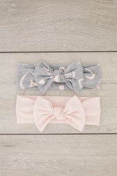 El Yapımı Yumuşak Fiyonk Bağlamalı Doğal Pamuklu Penye İKİLİ Bebek Çocuk Kız Bandana Pudra Gri - 2