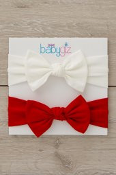 El Yapımı Yumuşak Fiyonk Bağlamalı Doğal Pamuklu Penye 2'li Bebek Çocuk Kız Bandana Kırmızı Beyaz - 3
