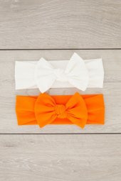 El Yapımı Yumuşak Fiyonk Bağlamalı Doğal Pamuklu Penye 2'li Bebek Çocuk Kız Bandana Beyaz Turuncu - 2