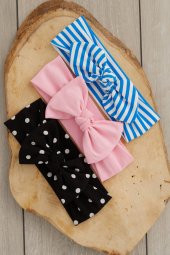 El Yapımı Yumuşak Fiyonk Bağlamalı Doğal %100 Pamuklu Penye 3'lü Bebek Çocuk Kız Bandana Seti - 1