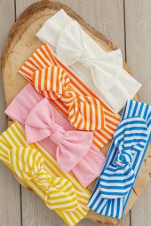 El Yapımı Ultra Yumuşak Fiyonk Bağlamalı %100 Doğal Pamuklu çift katlı Penye BEŞİ BİR ARADA Bebek ve Çocuk Kız Bandana Saç Bandı Seti - 5 ayrı desen ve renk - 1