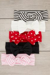 El Yapımı Ultra Yumuşak Fiyonk Bağlamalı %100 Doğal Pamuklu çift katlı Penye BEŞİ BİR ARADA Bebek ve Çocuk Kız Bandana Saç Bandı Seti - 5 ayrı desen ve renk - 2