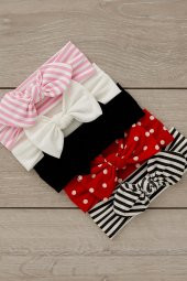 El Yapımı Ultra Yumuşak Fiyonk Bağlamalı %100 Doğal Pamuklu çift katlı Penye BEŞİ BİR ARADA Bebek ve Çocuk Kız Bandana Saç Bandı Seti - 5 ayrı desen ve renk - 3