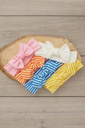 El Yapımı Ultra Yumuşak Fiyonk Bağlamalı %100 Doğal Pamuklu çift katlı Penye BEŞİ BİR ARADA Bebek ve Çocuk Kız Bandana Saç Bandı Seti - 5 ayrı desen ve renk - 3