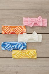 El Yapımı Ultra Yumuşak Fiyonk Bağlamalı %100 Doğal Pamuklu çift katlı Penye BEŞİ BİR ARADA Bebek ve Çocuk Kız Bandana Saç Bandı Seti - 5 ayrı desen ve renk - 4