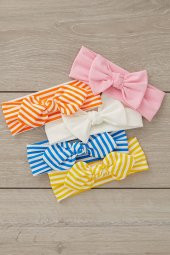 El Yapımı Ultra Yumuşak Fiyonk Bağlamalı %100 Doğal Pamuklu çift katlı Penye BEŞİ BİR ARADA Bebek ve Çocuk Kız Bandana Saç Bandı Seti - 5 ayrı desen ve renk - 5