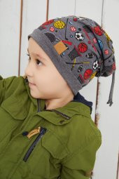 Erkek Çocuk Füme Spor Desenli Şapka Bere yumuşak çift katlı %100 doğal pamuklu penye - 1