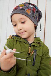 Erkek Çocuk Füme Spor Desenli Şapka Bere yumuşak çift katlı %100 doğal pamuklu penye - 3