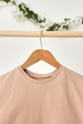 Açık Kahve Kız Çocuk Kısa Kollu Bisiklet Yaka Terletmez, Yumuşak Rahat %100 Pamuklu Penye T-Shirt - 2