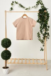 Açık Kahve Kız Çocuk Kısa Kollu Bisiklet Yaka Terletmez, Yumuşak Rahat %100 Pamuklu Penye T-Shirt - 3
