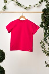 Fuşya Kız Çocuk Kısa Kollu Bisiklet Yaka Terletmez, Yumuşak Rahat %100 Pamuklu Penye T-Shirt - 1