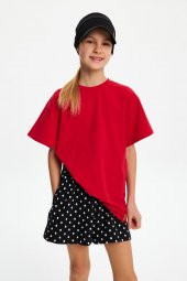 Kırmızı Kız Çocuk Kısa Kollu Bisiklet Yaka Terletmez, Yumuşak Rahat %100 Pamuklu Penye T-Shirt - 6