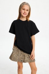 Siyah Kız Çocuk Kısa Kollu Bisiklet Yaka Terletmez, Yumuşak Rahat %100 Pamuklu Penye T-Shirt - 8