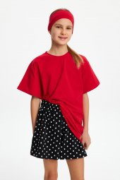 Kırmızı Kız Çocuk Kısa Kollu Bisiklet Yaka Terletmez, Yumuşak Rahat %100 Pamuklu Penye T-Shirt - 8