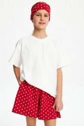Kırmızı puantiyeli-Beyaz Kız %100 Pamuklu Penye T-Shirt Bandana 2^li Takım -Spor Rahat BEST OF Koleksiyon 3 - 5