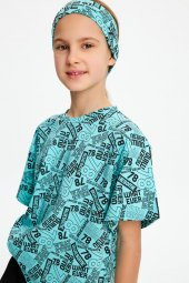 Turkuaz Kız Çocuk Kısa Kollu Desenli Bisiklet Yaka Terletmez, Yumuşak Rahat %100 Pamuklu Penye T-Shirt - 7