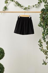 Siyah Kız Çocuk Beli Lastikli Cepli Yumuşak Rahat Hafif %100 Pamuklu Penye Şort - 1