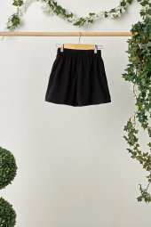 Siyah Kız Çocuk Beli Lastikli Cepli Yumuşak Rahat Hafif %100 Pamuklu Penye Şort - 2