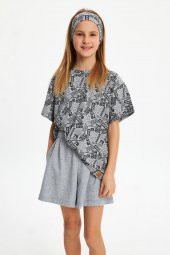 Gri Kız Çocuk Kısa Kollu Desenli Bisiklet Yaka Terletmez, Yumuşak Rahat %100 Pamuklu Penye T-Shirt - 6