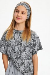 Gri Kız Çocuk Kısa Kollu Desenli Bisiklet Yaka Terletmez, Yumuşak Rahat %100 Pamuklu Penye T-Shirt - 7