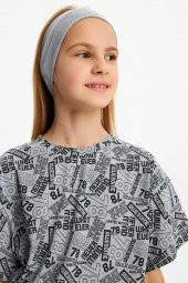 Gri Kız Çocuk Kısa Kollu Desenli Bisiklet Yaka Terletmez, Yumuşak Rahat %100 Pamuklu Penye T-Shirt - 8