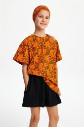 Turuncu Kız Çocuk Kısa Kollu Desenli Bisiklet Yaka Terletmez, Yumuşak Rahat %100 Pamuklu Penye T-Shirt - 8