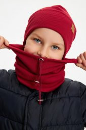 Bordo Erkek Bebek Çocuk Trend Style Şapka Bere Boyunluk Takım Rahat %100 Pamuklu Kaşkorse - 3