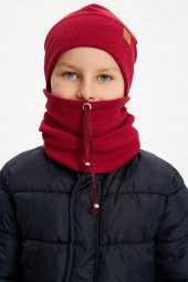 Bordo Erkek Bebek Çocuk Trend Style Şapka Bere Boyunluk Takım Rahat %100 Pamuklu Kaşkorse - 4