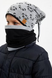 Gri Erkek Çocuk Panda Desenli Bere Boyunluk Set yumuşak çift katlı %100 doğal pamuklu penye - 1
