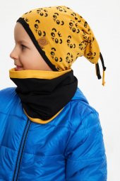 Hardal Erkek Çocuk Panda Desenli Bere Boyunluk Set yumuşak çift katlı %100 doğal pamuklu penye - 1