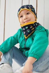 Lacivert-Sarı Figürlü Erkek Çocuk Bebek Bere Boyunluk Takım %100 Pamuklu penye çift katlı rahat yumuşak - 6