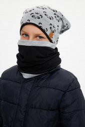 Gri Erkek Çocuk Panda Desenli Bere Boyunluk Set yumuşak çift katlı %100 doğal pamuklu penye - 3