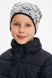 Gri Erkek Çocuk Panda Desenli Bere Boyunluk Set yumuşak çift katlı %100 doğal pamuklu penye - 5