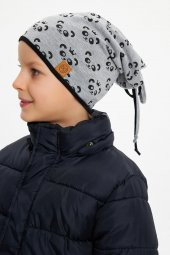 Gri Erkek Çocuk Panda Desenli Bere Boyunluk Set yumuşak çift katlı %100 doğal pamuklu penye - 6