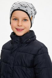 Gri Erkek Çocuk Panda Desenli Bere Boyunluk Set yumuşak çift katlı %100 doğal pamuklu penye - 7