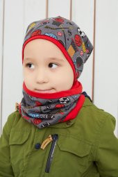 Füme Kırmızı Erkek Çocuk Spor  Bere boyunluk Set yumuşak çift katlı %100 doğal pamuklu penye - 3