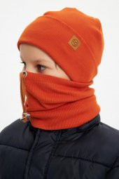 Kiremit Erkek Bebek Çocuk Trend Style Şapka Bere Boyunluk Takım Rahat %100 Pamuklu Kaşkorse - 4
