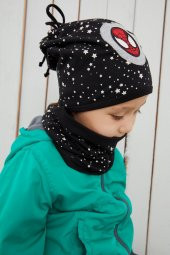 Siyah Beyaz %100 Pamuklu Doğal yumuşak çift katlı Penye Spiderman Çocuk Bebek Bere Boyunluk Set - 1