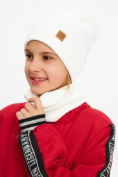 Beyaz Kız  Bebek Çocuk Kürk Ponponlu Şapka Bere Boyunluk Takım Rahat %100 Pamuklu Kaşkorse - 1