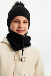 Lacivert Kız  Bebek Çocuk Kürk Ponponlu Şapka Bere Boyunluk Takım Rahat %100 Pamuklu Kaşkorse - 2