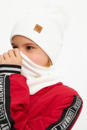 Beyaz Kız  Bebek Çocuk Kürk Ponponlu Şapka Bere Boyunluk Takım Rahat %100 Pamuklu Kaşkorse - 3