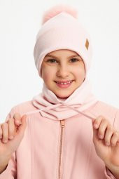 Pudra Kız Bebek Çocuk Kürk Ponponlu Şapka Bere Boyunluk Takım Rahat %100 Pamuklu Kaşkorse - 2