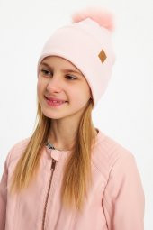 Pudra Kız Bebek Çocuk Kürk Ponponlu Şapka Bere Boyunluk Takım Rahat %100 Pamuklu Kaşkorse - 5