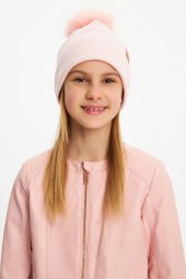Pudra Kız Bebek Çocuk Kürk Ponponlu Şapka Bere Boyunluk Takım Rahat %100 Pamuklu Kaşkorse - 7