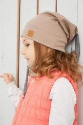 Kız Bebek Çocuk Kahverengi İpli Şapka Bere Boyunluk Takım Rahat %100 Pamuklu Kaşkorse Yerli Üretim - 4