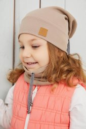 Kız Bebek Çocuk Kahverengi İpli Şapka Bere Boyunluk Takım Rahat %100 Pamuklu Kaşkorse Yerli Üretim - 6