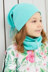 Kız Bebek Çocuk Okyanus Mavi İpli Şapka Bere Boyunluk Takım Rahat %100 Pamuklu Kaşkorse - 6