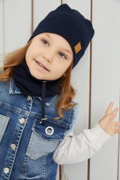 Kız Bebek Çocuk Lacivert İpli Şapka Bere Boyunluk Takım Rahat %100 Pamuklu Kaşkorse Yerli - 5