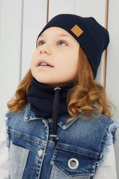 Kız Bebek Çocuk Lacivert İpli Şapka Bere Boyunluk Takım Rahat %100 Pamuklu Kaşkorse Yerli - 6