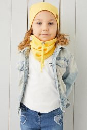 Kız Bebek Çocuk Sarı İpli Şapka Bere Boyunluk Takım Rahat %100 Pamuklu Kaşkorse Yerli Üretim - 6
